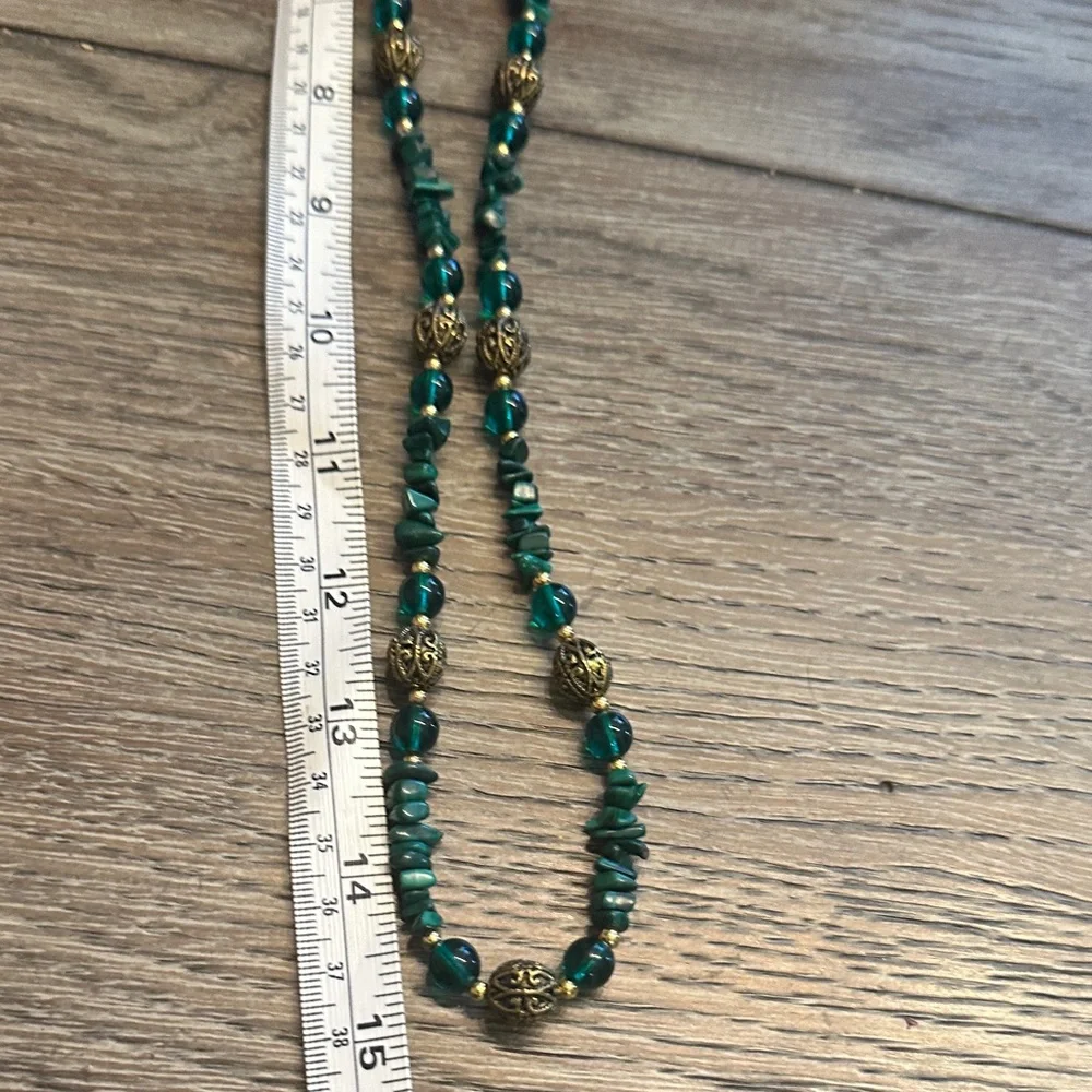 Natural Malachite Chip Necklace Earrings Set Gold Accent Beads Boho